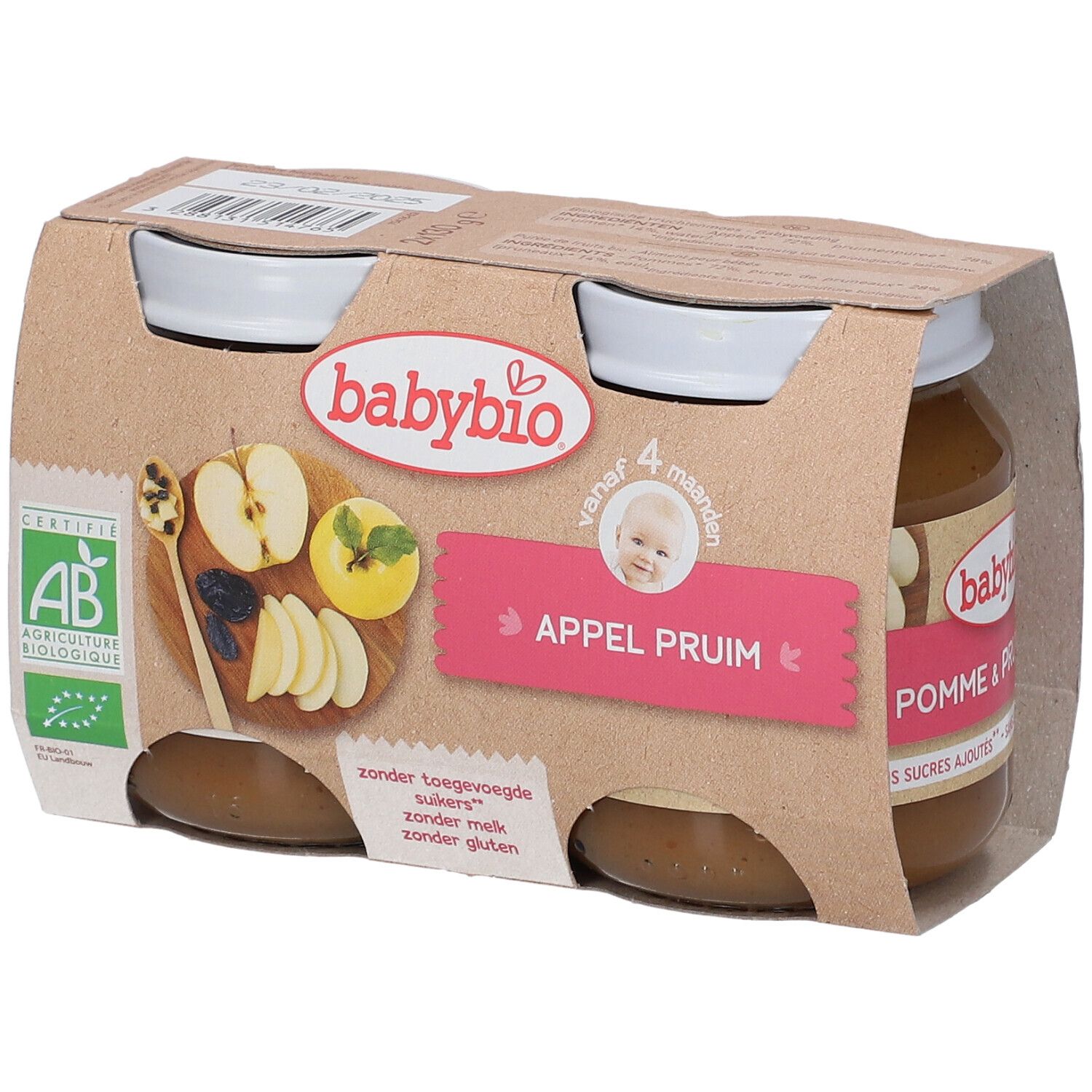 Pack de pots Babybio Pomme Pruneau. Certification bio. Inscription: dès 4 mois. Sans sucres ajoutés, sans lait, sans gluten.