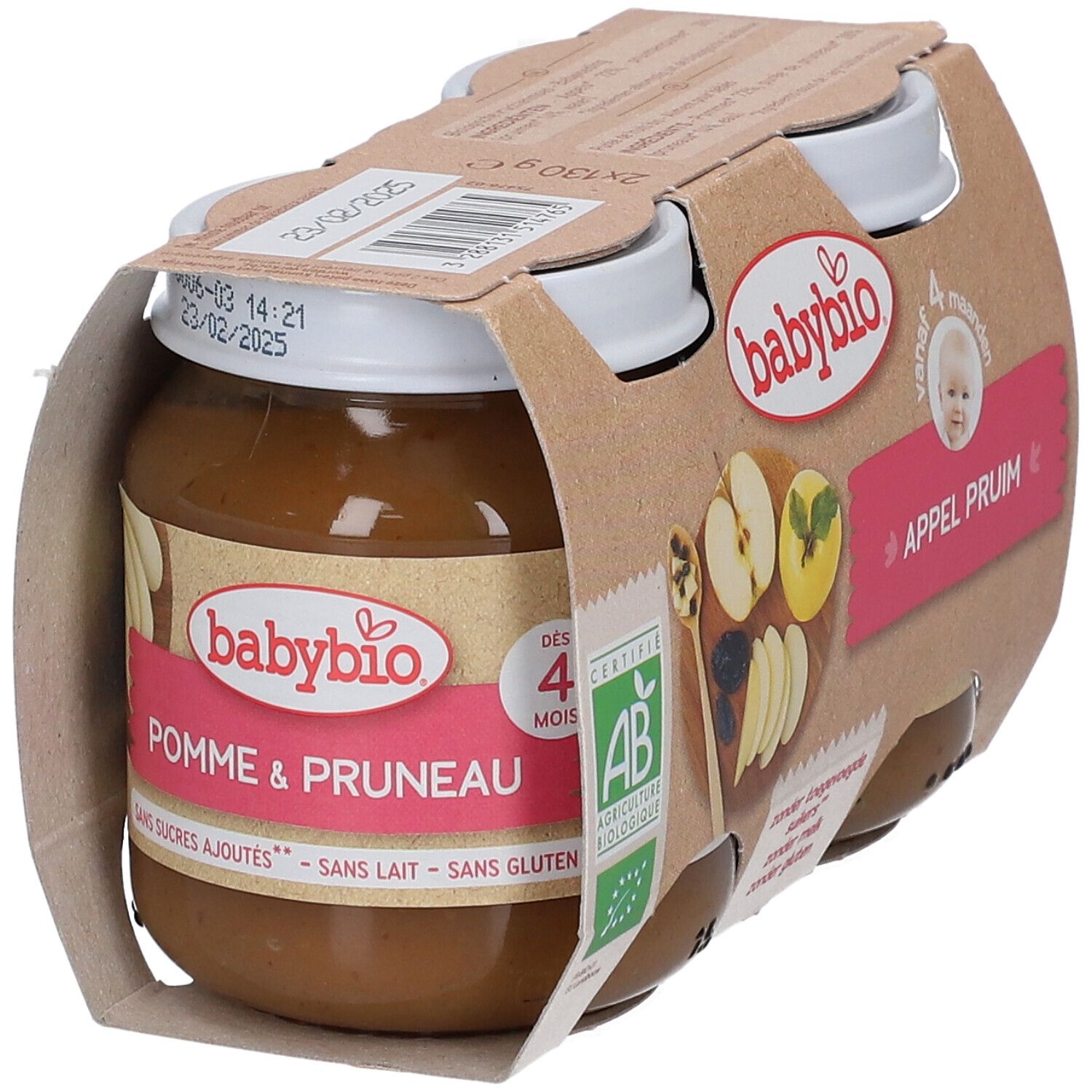Pack de pots Babybio Pomme Pruneau. Certification bio. Inscription: dès 4 mois. Sans sucres ajoutés, sans lait, sans gluten.