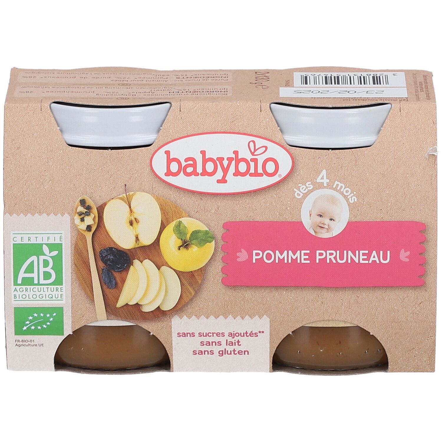 Pack de pots Babybio Pomme Pruneau. Certification bio. Inscription: dès 4 mois. Sans sucres ajoutés, sans lait, sans gluten.