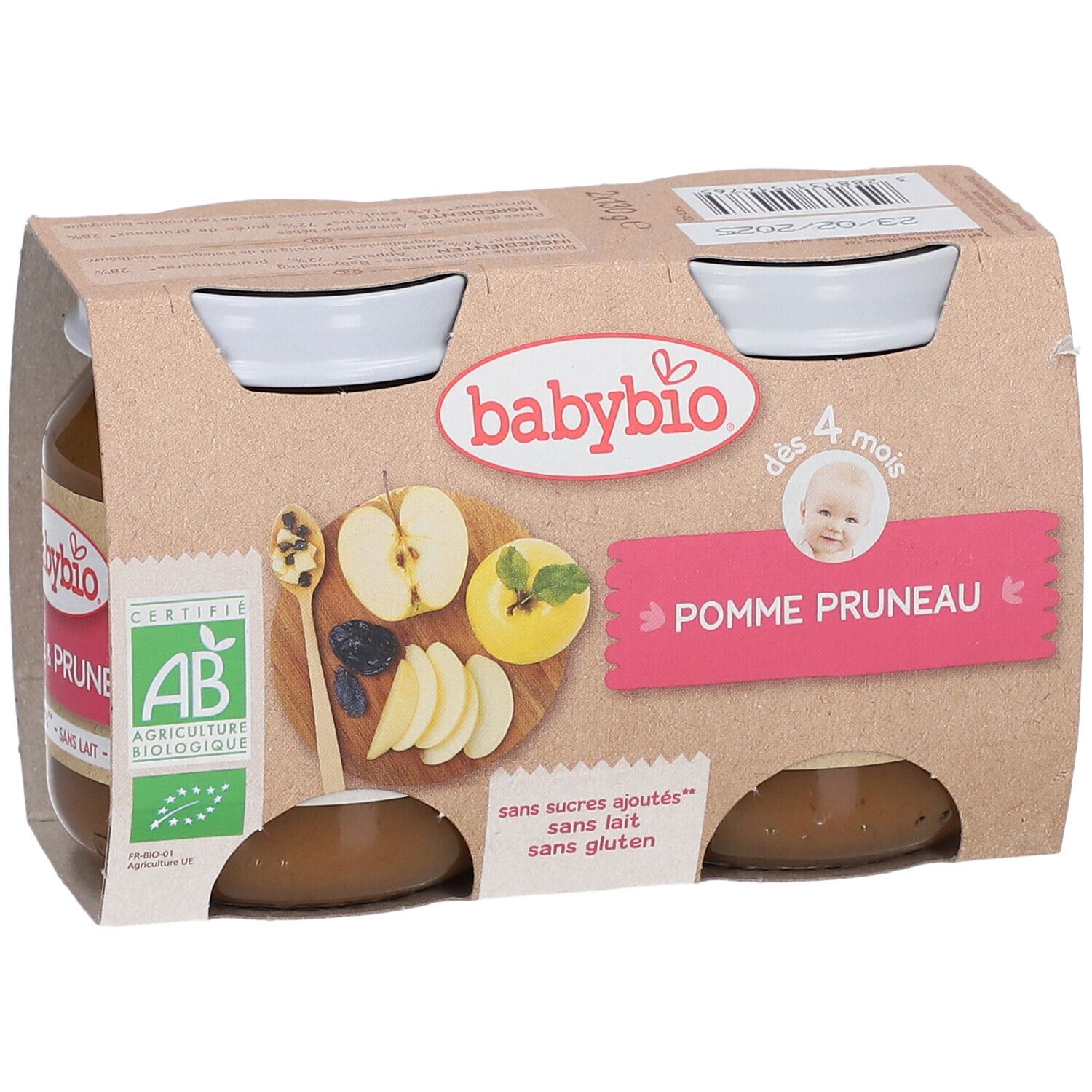 Pack de pots Babybio Pomme Pruneau. Certification bio. Inscription: dès 4 mois. Sans sucres ajoutés, sans lait, sans gluten.