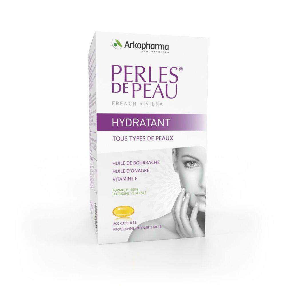Witte doos Arkopharma. Perles de Peau, Hydratant, Tous types de peaux. 200 capsules. Logo en afbeelding van een vrouw.
