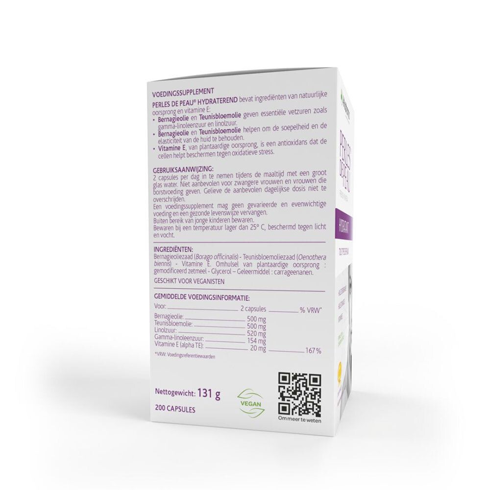 Achterkant van de doos. Ingrediënten, gebruiksaanwijzing, voedingswaarde. Vegan logo. 200 capsules.