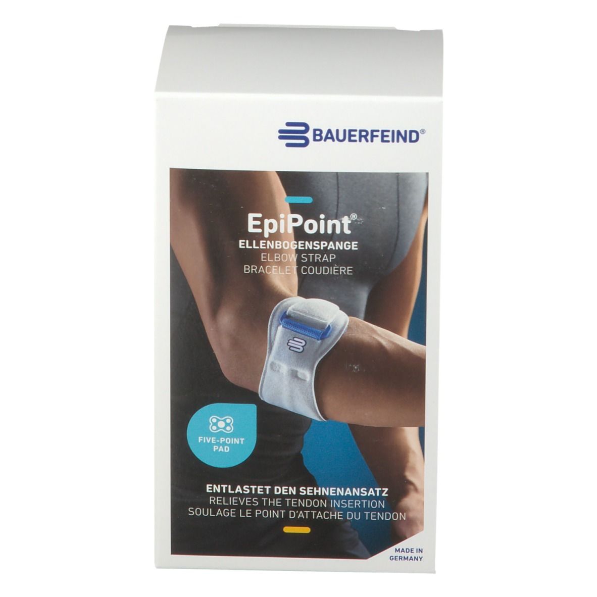 Emballage de l'attelle de coude EpiPoint. Impression: logo Bauerfeind, nom du produit, illustration d'un bras avec attelle, coussinet à cinq points.
