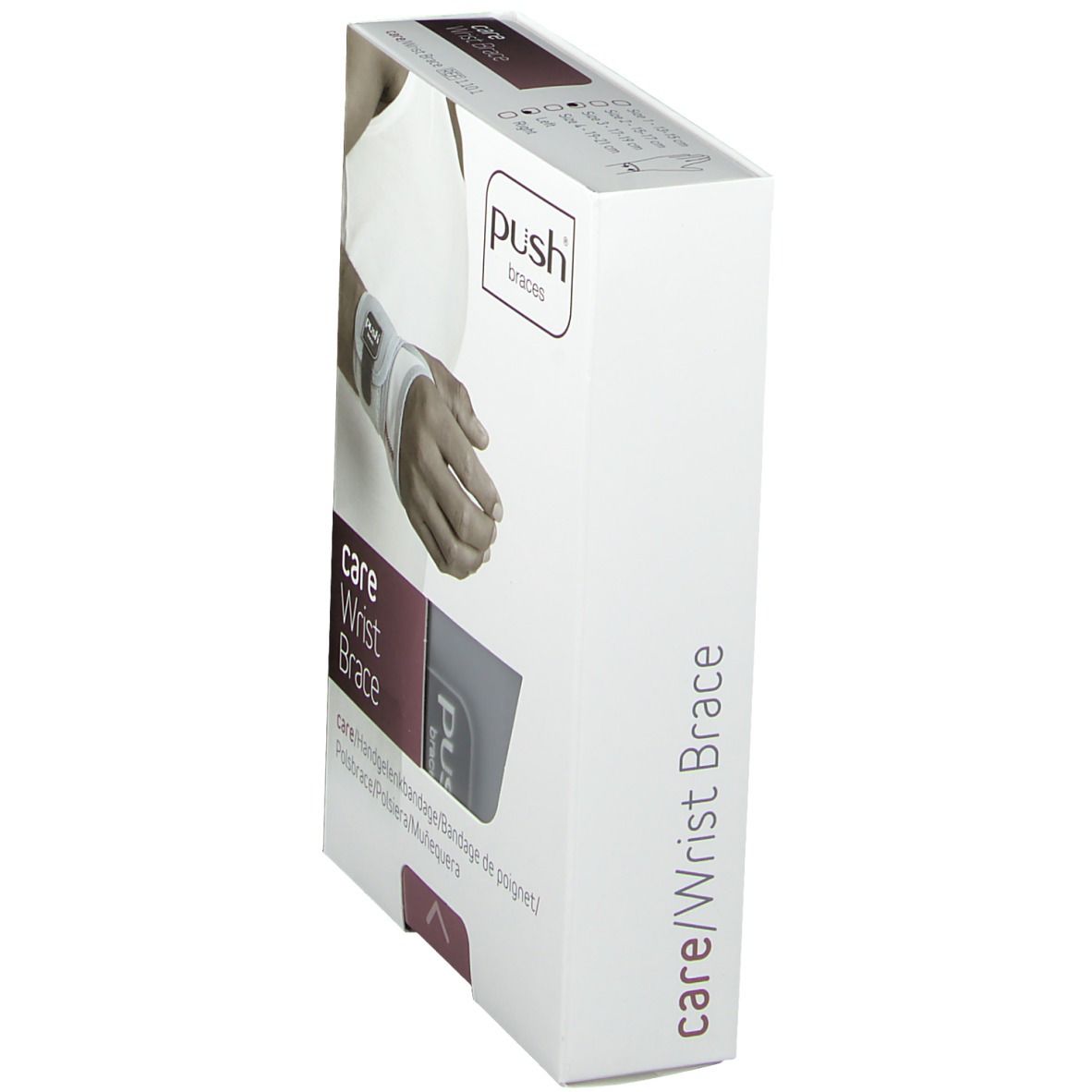 Verpakking van de Push Care polsbrace. Zijaanzicht. Tekst: care/Wrist Brace, Push braces.