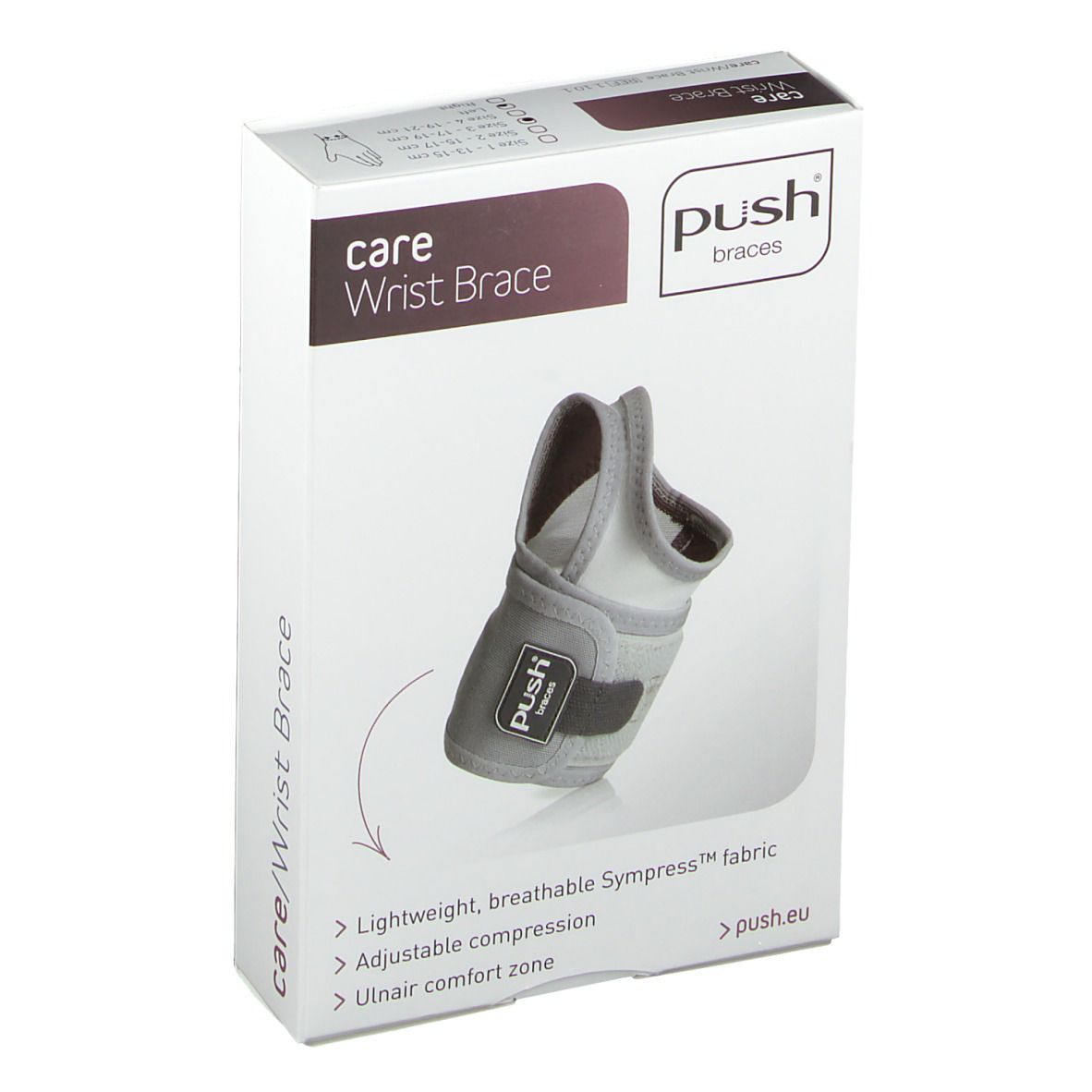 Verpakking van de Push Care polsbrace. Toont de brace. Tekst: care Wrist Brace, Push braces, Lightweight breathable Sympress fabric.