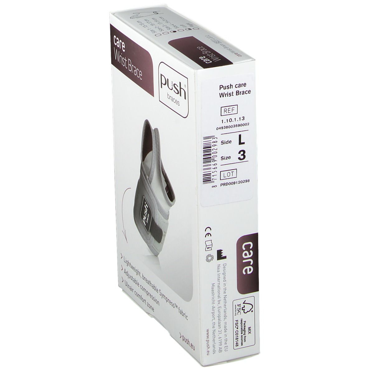Verpakking van de Push Care polsbrace. Achterkant. Tekst: care Wrist Brace, Push braces, Maat L, Maat 3.