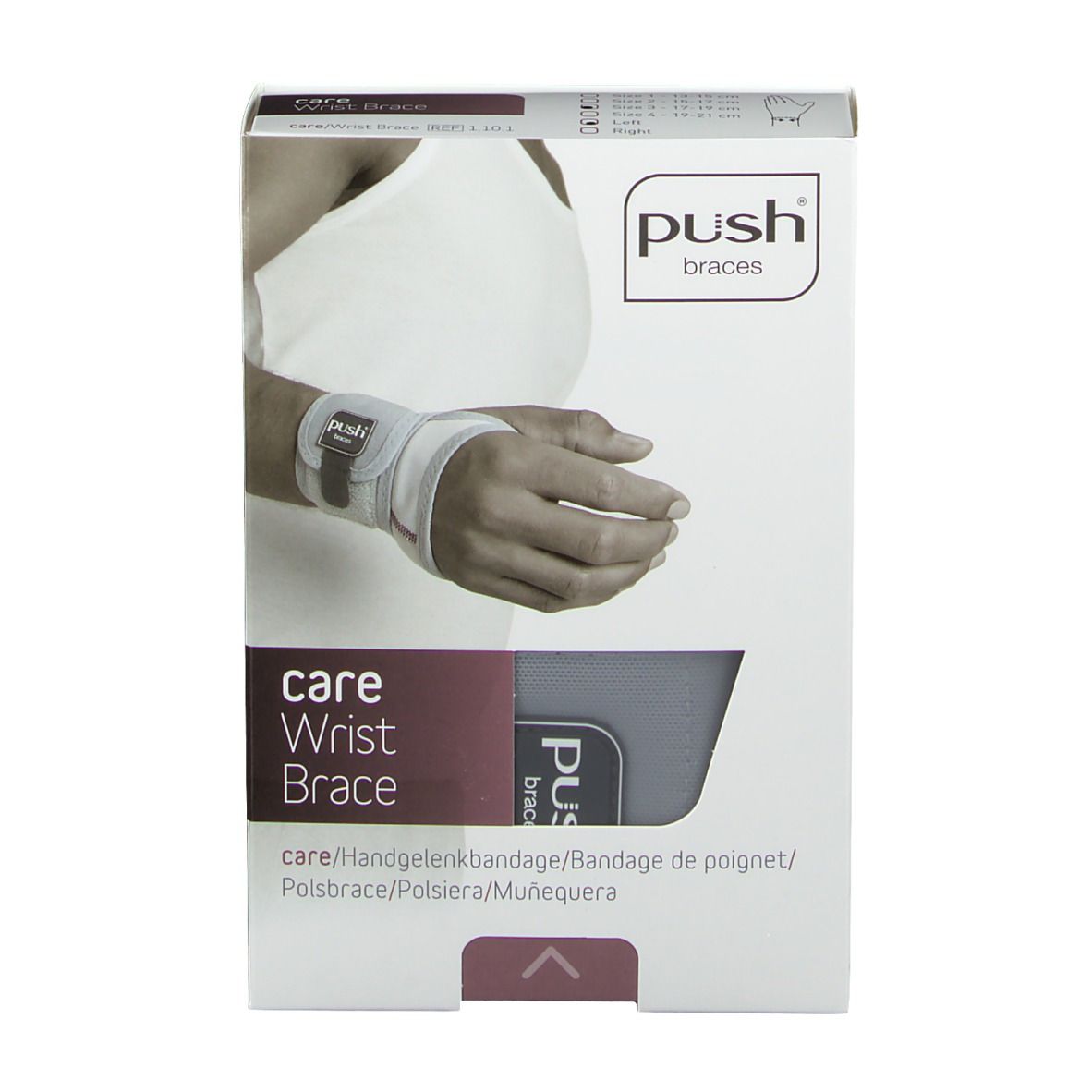 Verpakking van de Push Care polsbrace. Toont een pols met brace. Tekst: care Wrist Brace, Push braces.