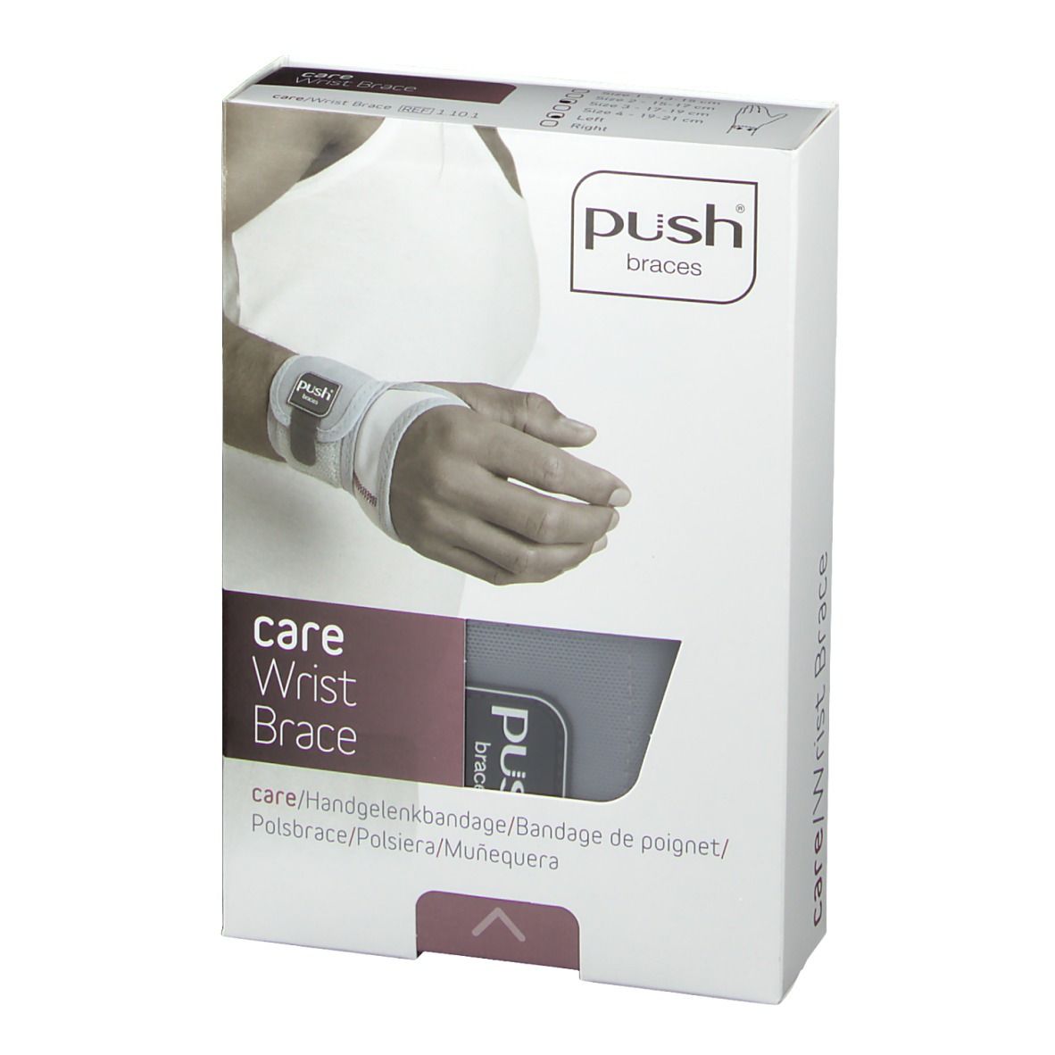 Verpakking van de Push Care polsbrace. Toont een pols met brace. Tekst: care Wrist Brace, Push braces.