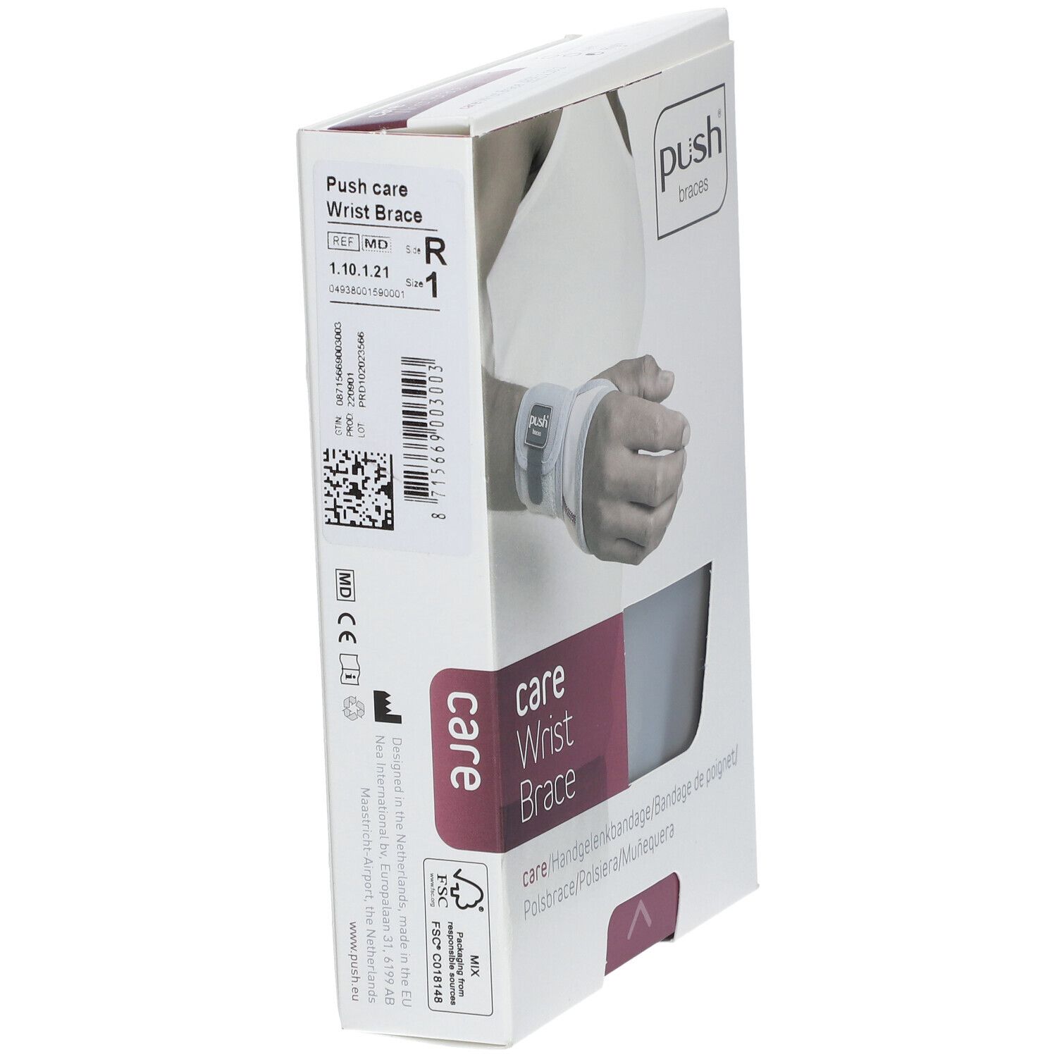 Verpakking van de Push Care polsbrace. Witte doos met productafbeelding en merknaam. Tekst: Care Wrist Brace.