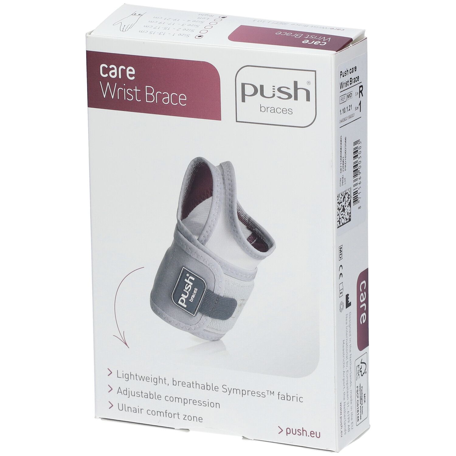 Verpakking van de Push Care polsbrace. Witte doos met productafbeelding en merknaam. Tekst: Care Wrist Brace.