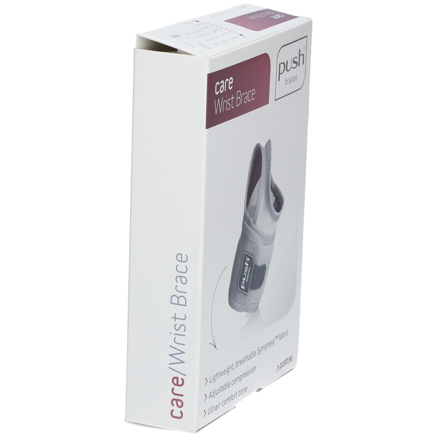Verpakking van de Push Care polsbrace. Witte doos met productafbeelding en merknaam. Tekst: Care Wrist Brace.