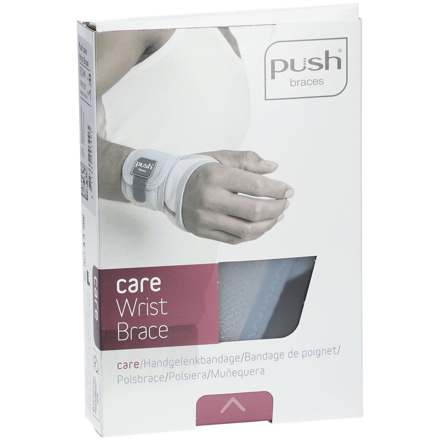 Verpakking van de Push Care polsbrace. Witte doos met productafbeelding en merknaam. Tekst: Care Wrist Brace.