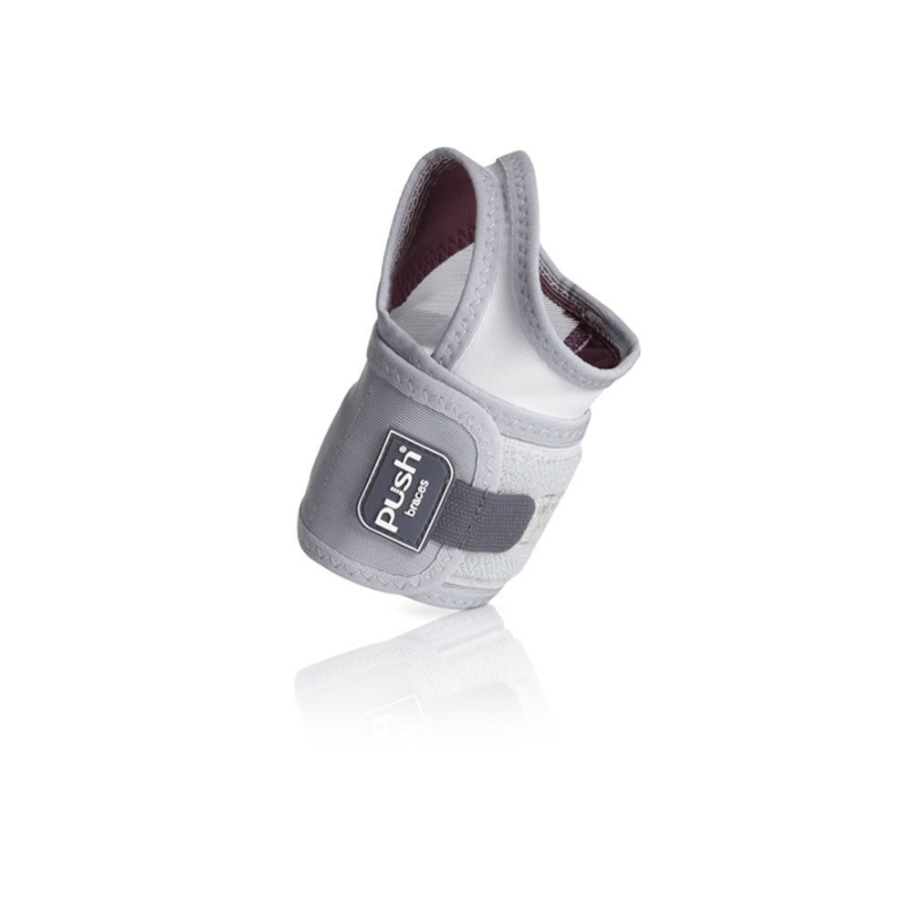 Attelle de poignet, gris-blanc. Inscription : Push Braces. Fermeture velcro noire.