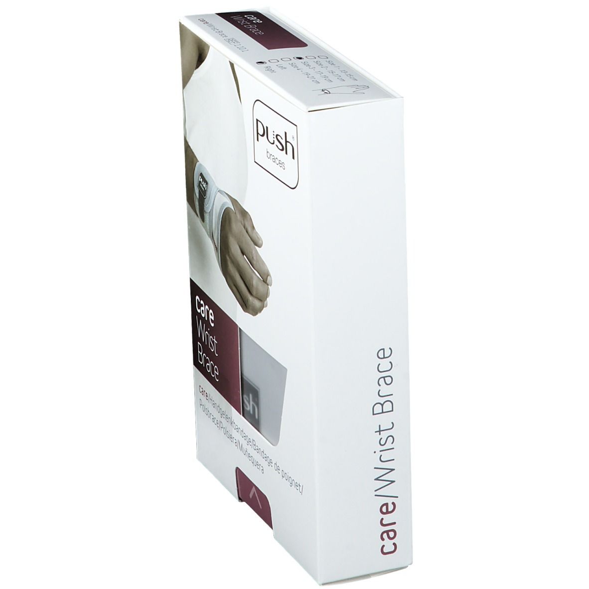 Schuine weergave van de verpakking van de polsbrace. Opschrift: care Wrist Brace, Push Braces.
