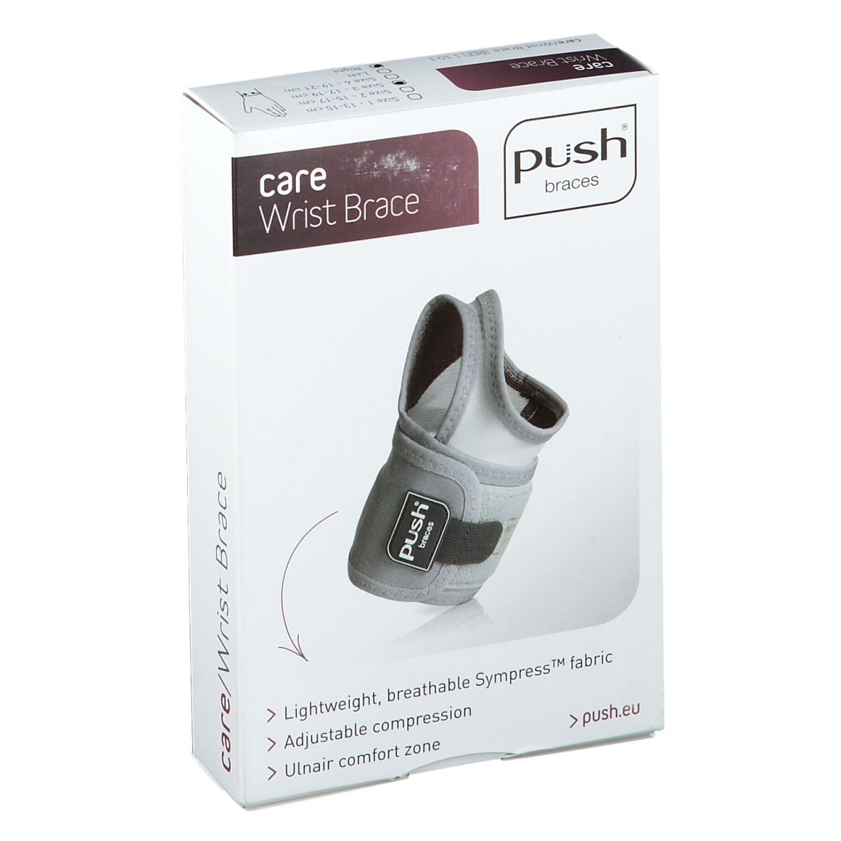 Verpakking van de polsbrace. Opschrift: care Wrist Brace, Push Braces. Afbeelding: polsbrace.