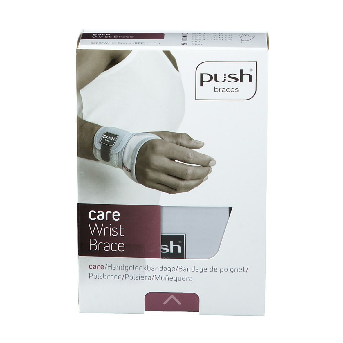 Verpakking van de polsbrace. Opschrift: care Wrist Brace, Push Braces. Afbeelding: hand met brace.