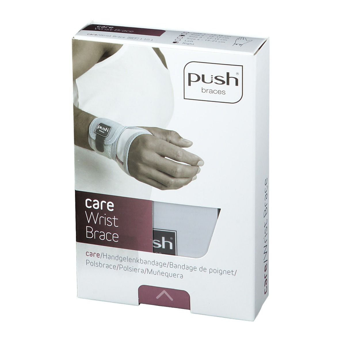 Verpakking van de polsbrace. Opschrift: care Wrist Brace, Push Braces. Afbeelding: hand met brace.