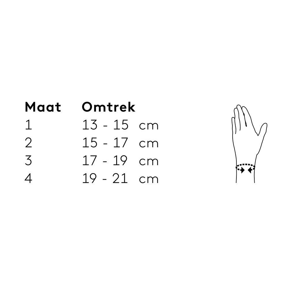Maattabel voor polsbraces. Omtrek in cm en maten 1-4.