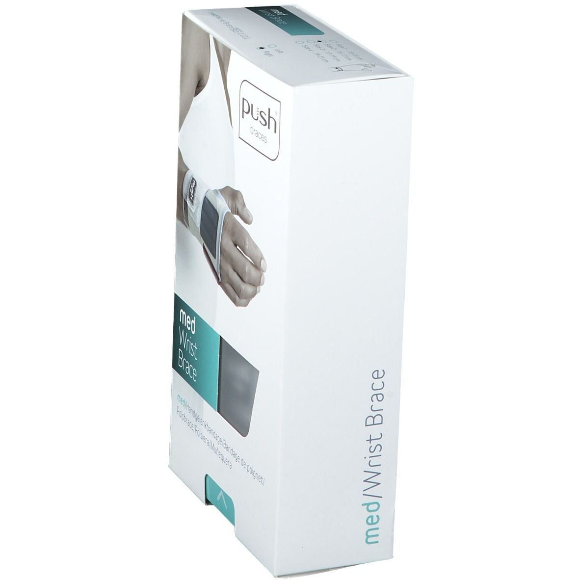 Verpackung der Push Med Handgelenkbandage. Die Verpackung ist weiß mit blauen und schwarzen Elementen. Der Markenname ist sichtbar.