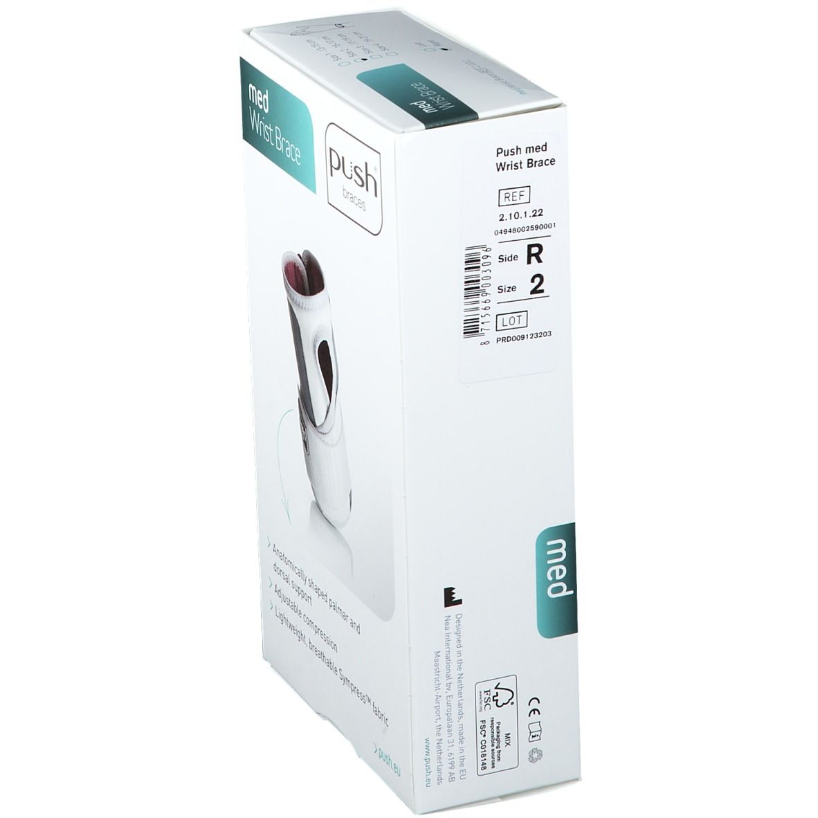 Verpackung der Push Med Handgelenkbandage. Auf der Verpackung sind Produktinformationen und Größenangaben abgebildet.