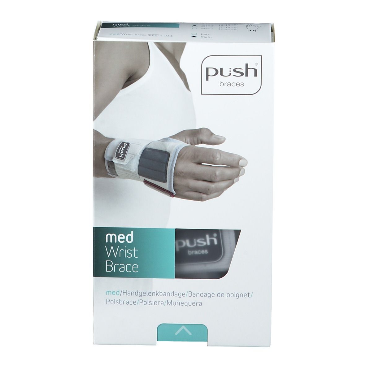 Verpackung der Push Med Handgelenkbandage. Auf der Verpackung ist eine Person mit der Bandage am Handgelenk abgebildet.