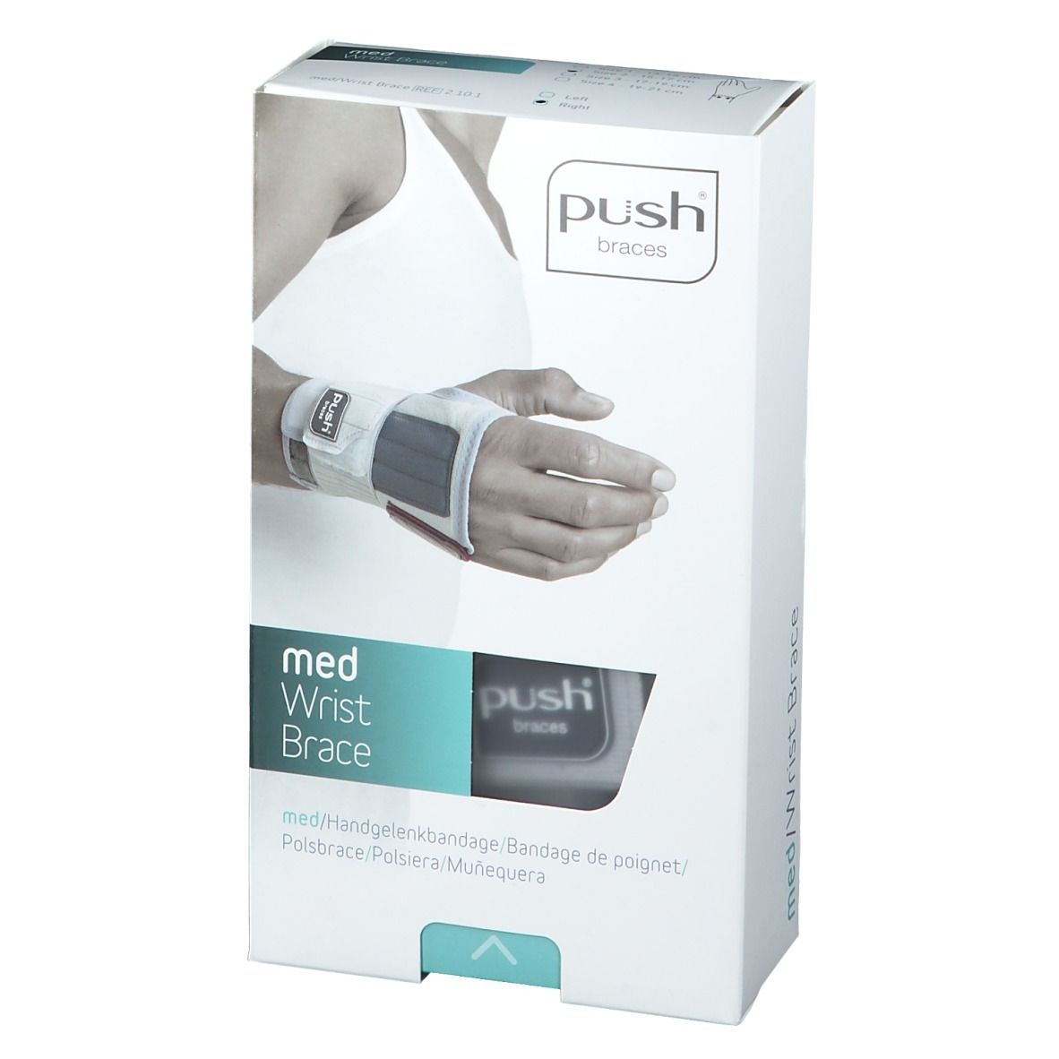 Verpackung der Push Med Handgelenkbandage. Auf der Verpackung ist eine Person mit der Bandage am Handgelenk abgebildet.