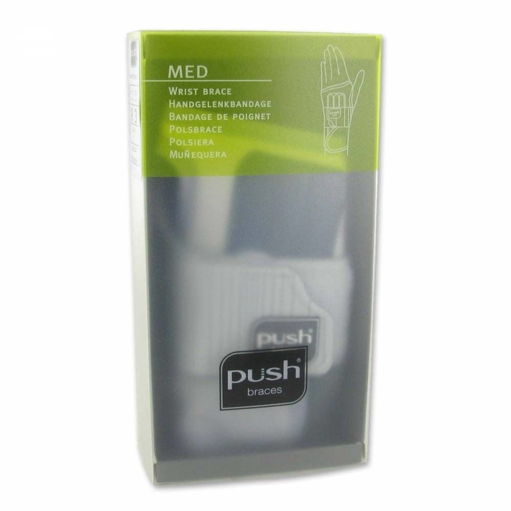 Emballage pour attelle de poignet. Boîte blanche et verte avec image et texte du produit.