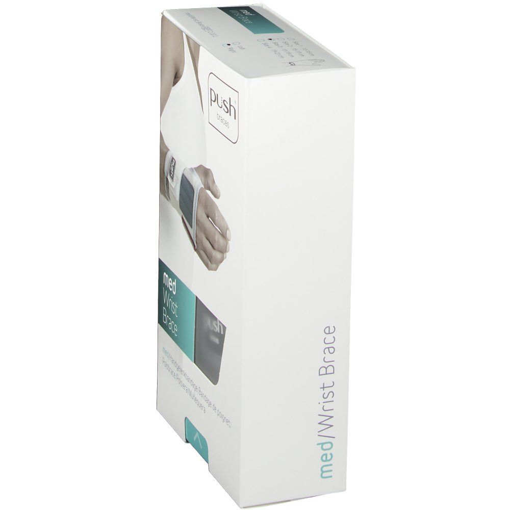 Emballage, attelle de poignet. Boîte blanche et grise avec image et texte du produit.