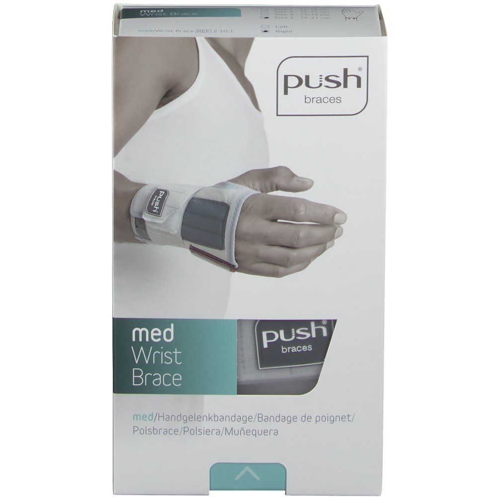 Emballage de l'attelle de poignet. Marque Push. Produit illustré sur le poignet. Texte : med Wrist Brace. Texte multilingue.
