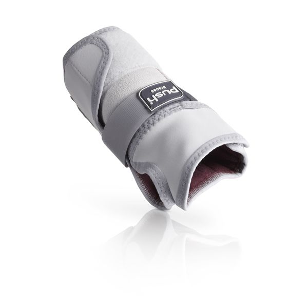 Attelle de poignet grise et blanche. Le produit a une fermeture velcro et le logo "push braces".