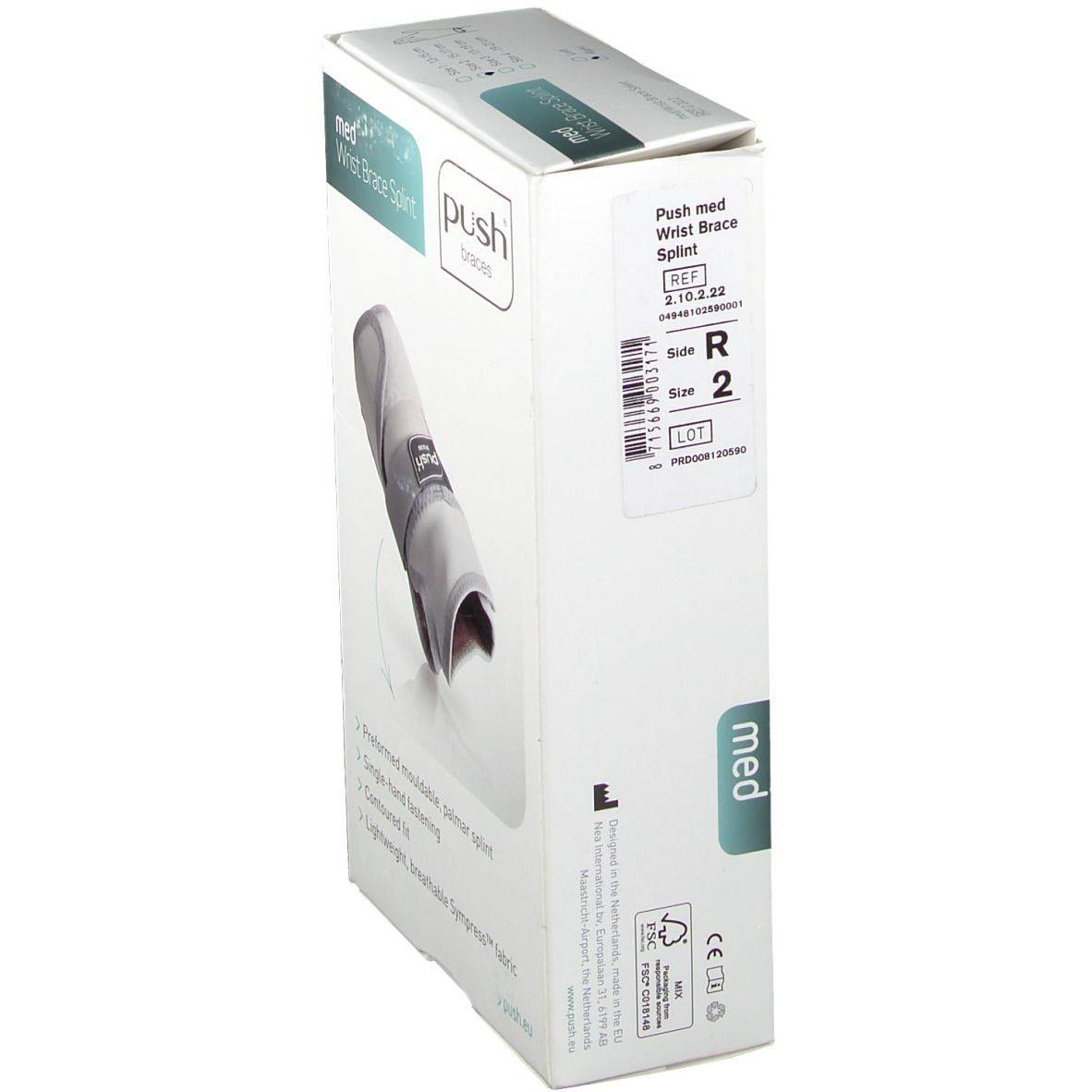 Verpackung der Push med Handgelenkbandage. Auf der Seite sind Produktinformationen und Größenangaben zu sehen.