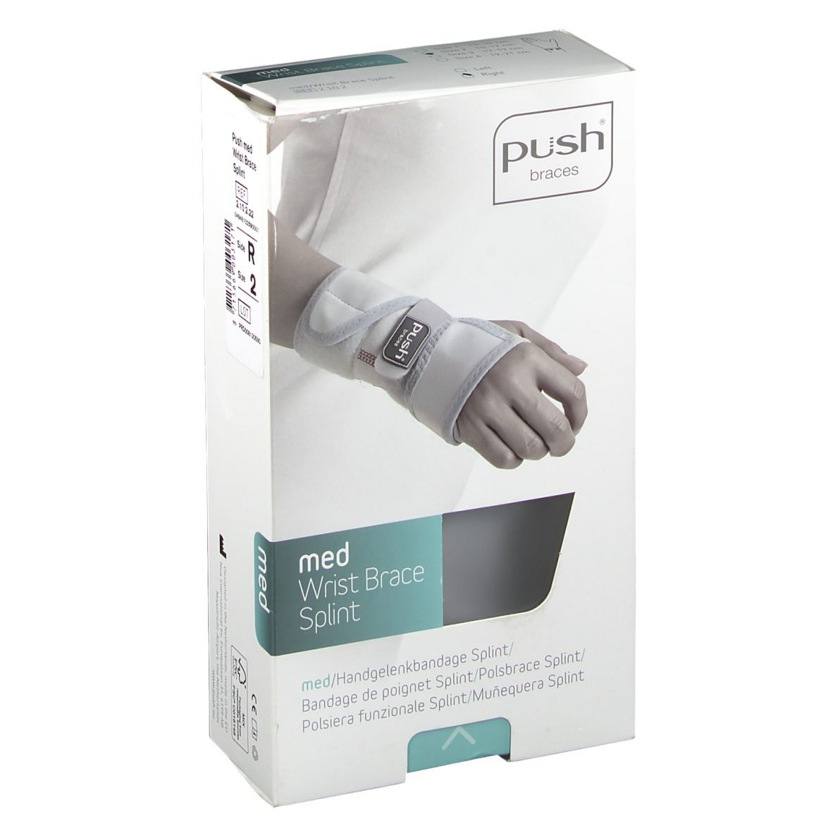 Verpackung der Push med Handgelenkbandage. Die Bandage ist an einem Arm abgebildet. Die Bandage ist grau.