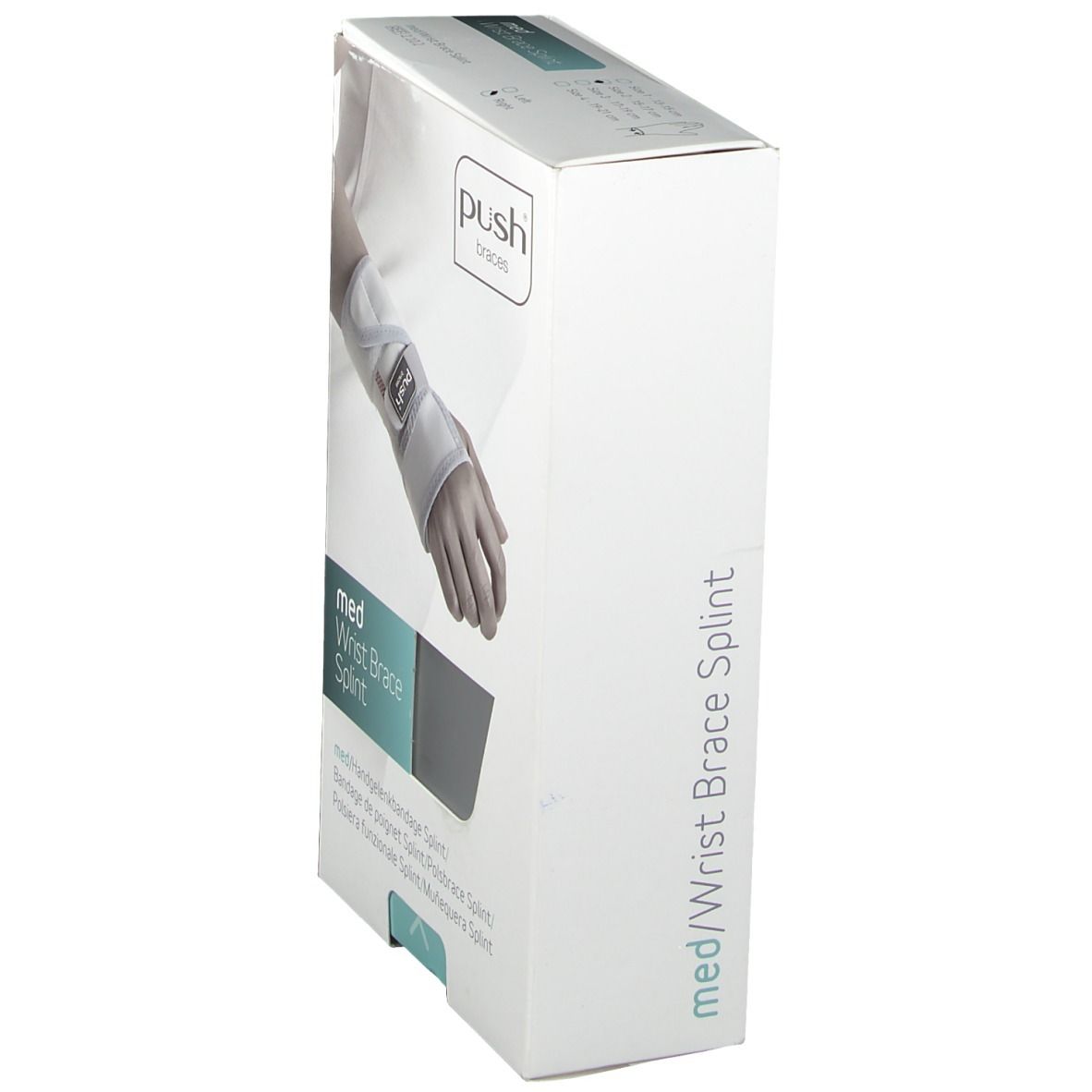 Verpackung der Push med Handgelenkbandage. Die Bandage ist auf der Verpackung abgebildet. Die Bandage ist grau.