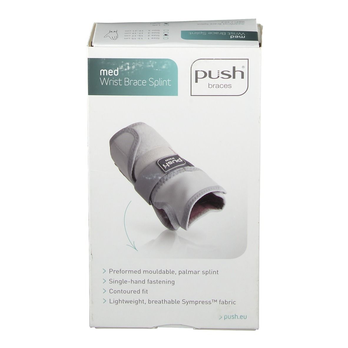 Verpackung der Push med Handgelenkbandage. Auf der Verpackung ist die Bandage abgebildet. Die Bandage ist grau.