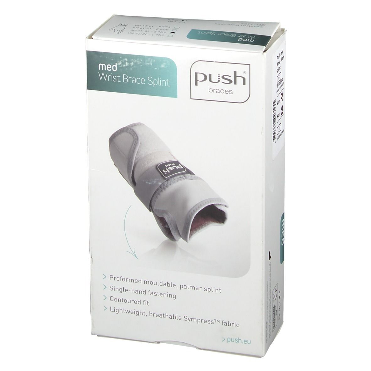 Verpackung der Push med Handgelenkbandage. Auf der Verpackung ist die Bandage abgebildet. Die Bandage ist grau.