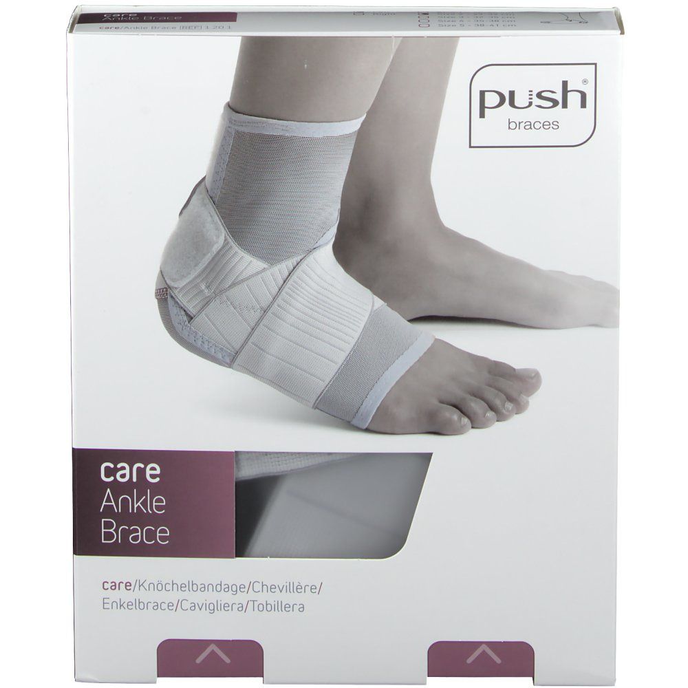 Emballage pour attelle de cheville. Nom du produit : Care Ankle Brace. Logo Push. Attelle illustrée sur pied.