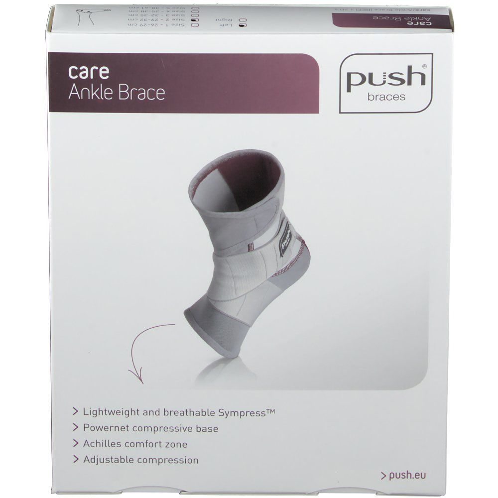 Emballage pour attelle de cheville. Nom du produit : Care Ankle Brace. Logo Push. Caractéristiques du produit listées.