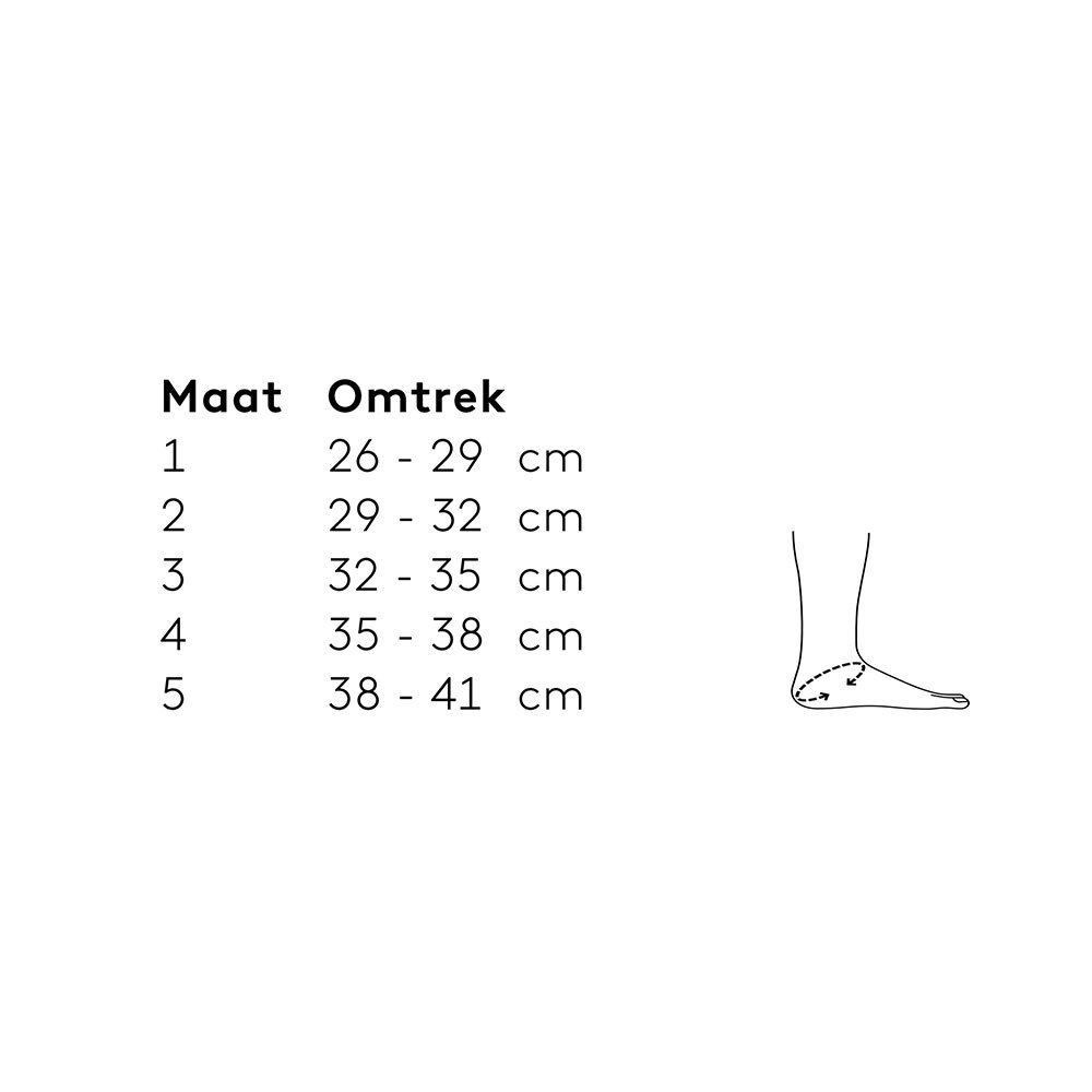 Maattabel voor enkelbraces. Maten 1-5, omtrek in cm. Illustratie van een voet.