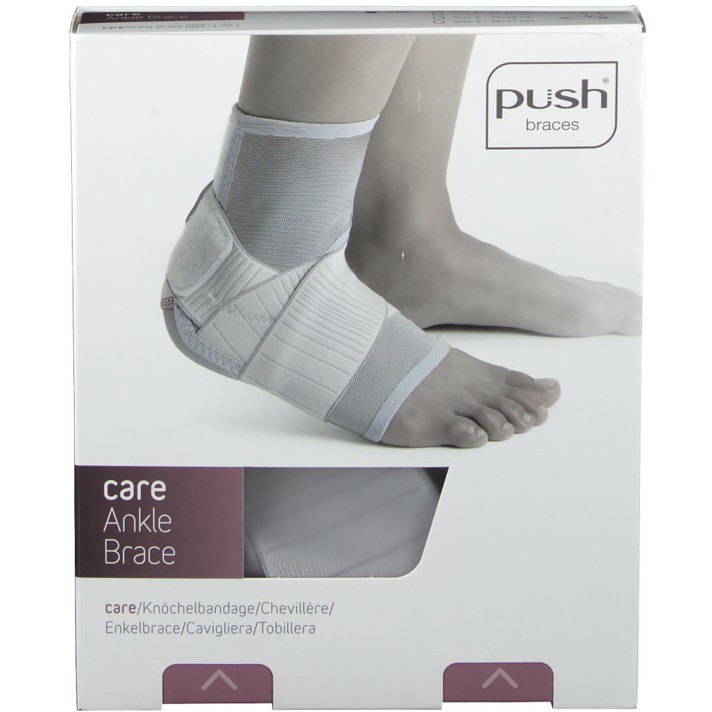Verpakking van een enkelbrace. Productnaam: care Ankle Brace. Merk Push. Afbeelding van een voet met brace.