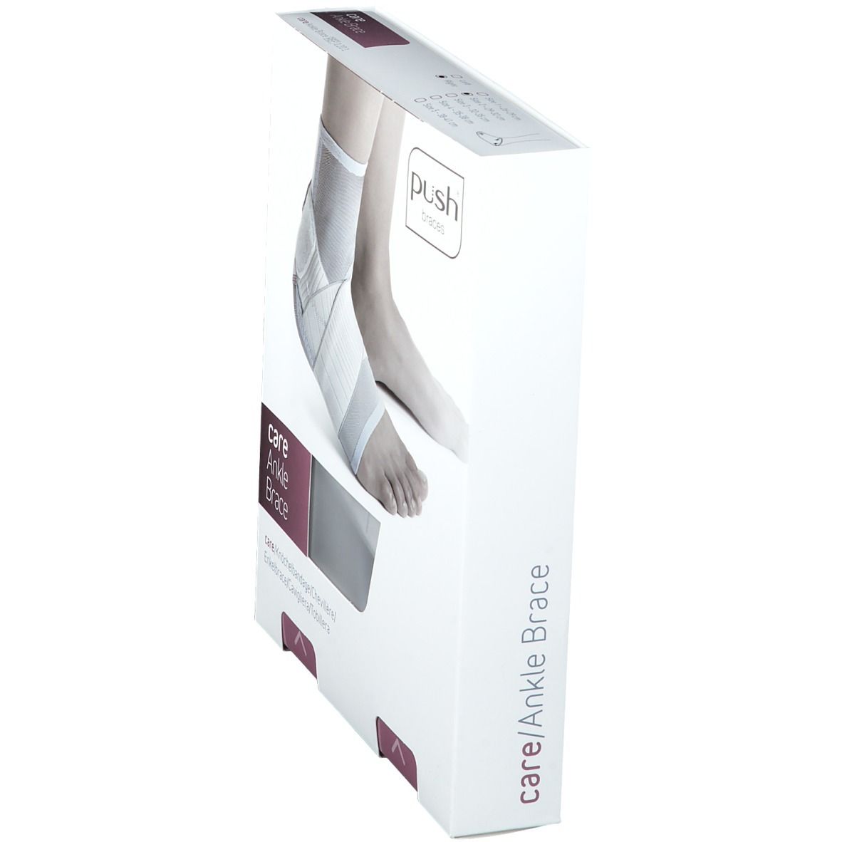 Vue latérale de l'emballage de l'attelle de cheville Push Care. Sur l'emballage, on peut lire "care Ankle Brace".