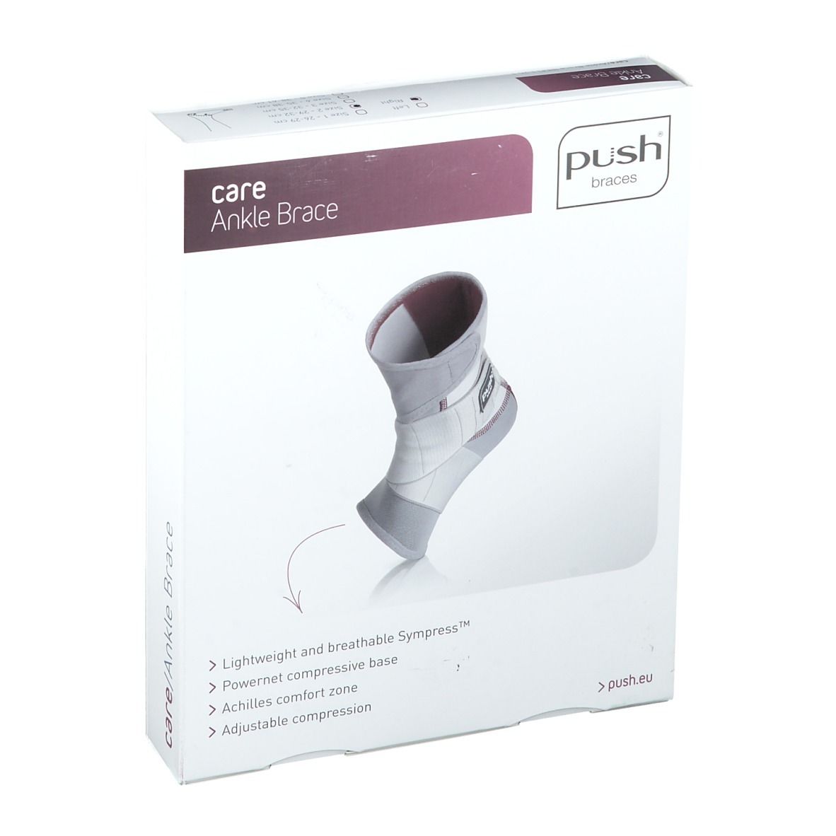 Emballage de l'attelle de cheville Push Care. L'attelle est représentée sur un pied. Sur l'emballage, on peut lire "care Ankle Brace".