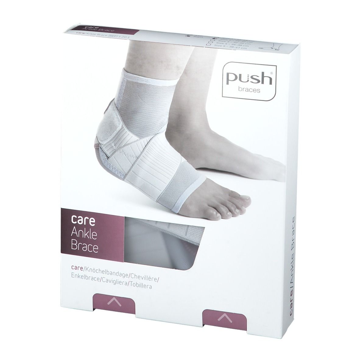 Emballage de l'attelle de cheville Push Care. L'attelle est représentée sur un pied. Sur l'emballage, on peut lire "care Ankle Brace".