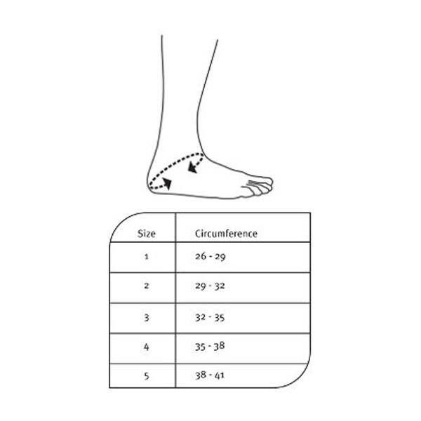 Tableau des tailles pour attelles de cheville. Circonférence en cm: 26-29, 29-32, 32-35, 35-38, 38-41.