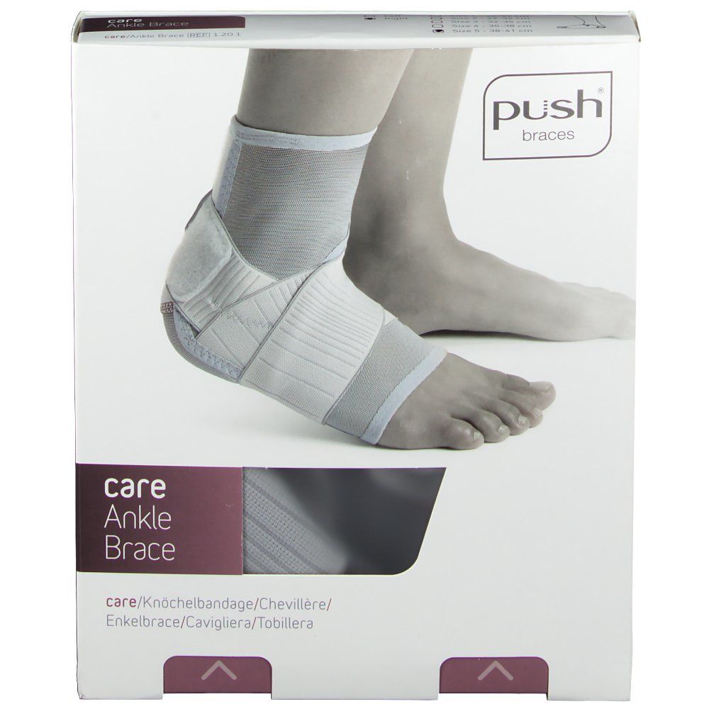 Emballage de l'attelle de cheville. Impression: care Ankle Brace, Push braces. Produit illustré sur pied.