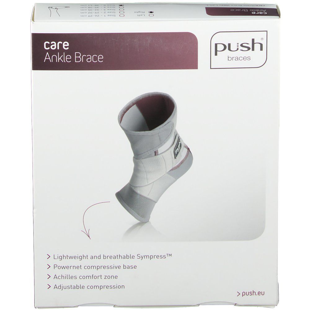 Emballage de l'attelle de cheville. Illustration et texte: care Ankle Brace, Push braces. Caractéristiques.