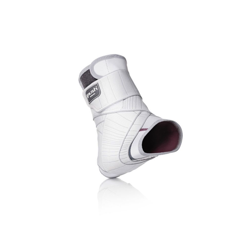 Attelle de cheville blanche et grise. Fermeture velcro avec logo. Doublure intérieure. Vue en perspective.