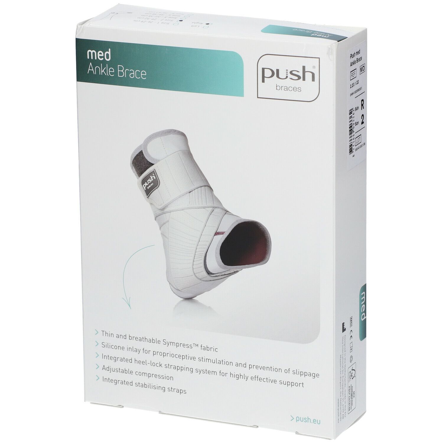 Push Med attelle de cheville droite dans son emballage. L'image montre l'attelle. Inscription : med Ankle Brace. Caractéristiques sur l'emballage.