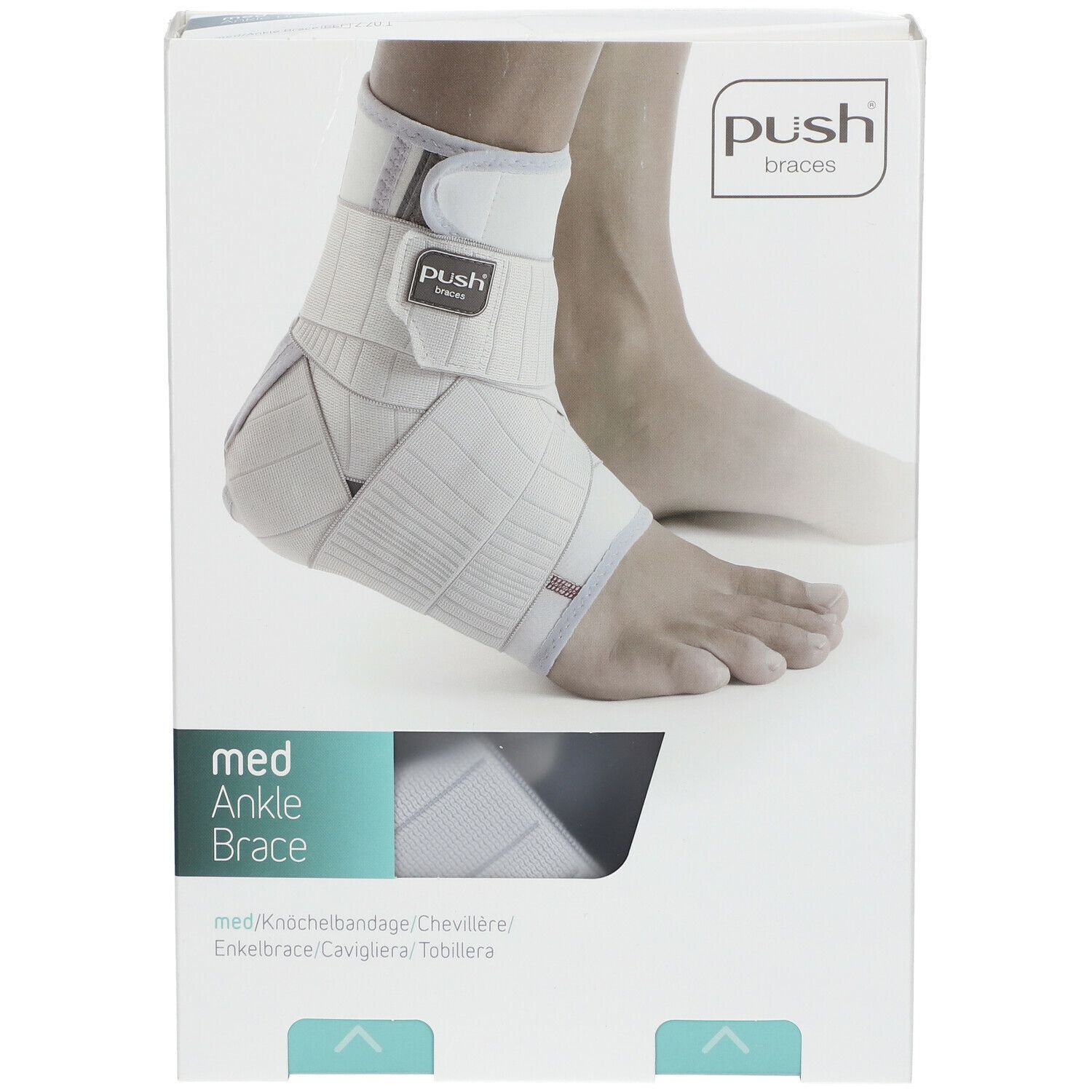 Push Med attelle de cheville droite dans son emballage. L'image montre l'attelle sur un pied. Inscription : med Ankle Brace.