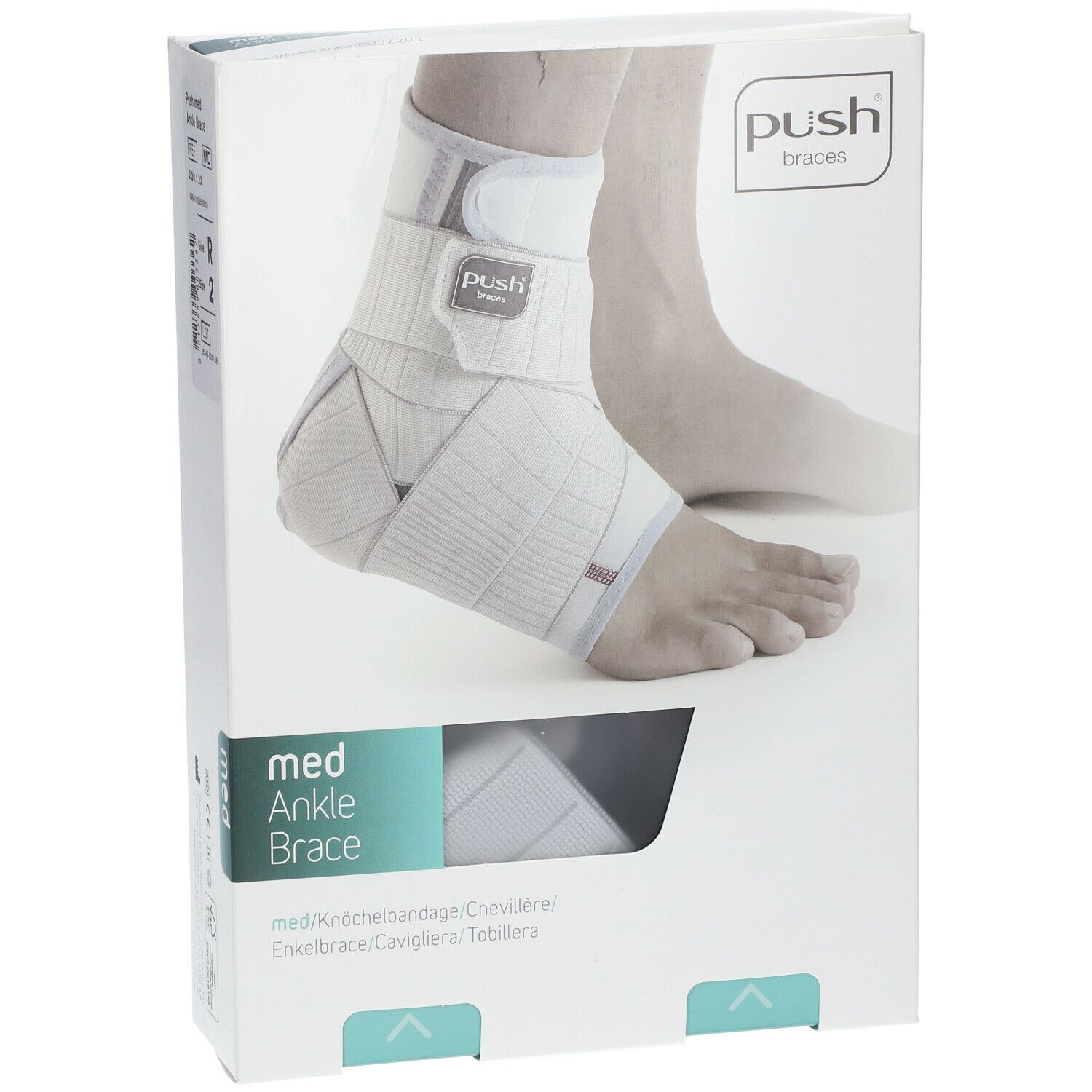 Push Med attelle de cheville droite dans son emballage. L'image montre l'attelle sur un pied. Inscription : med Ankle Brace.