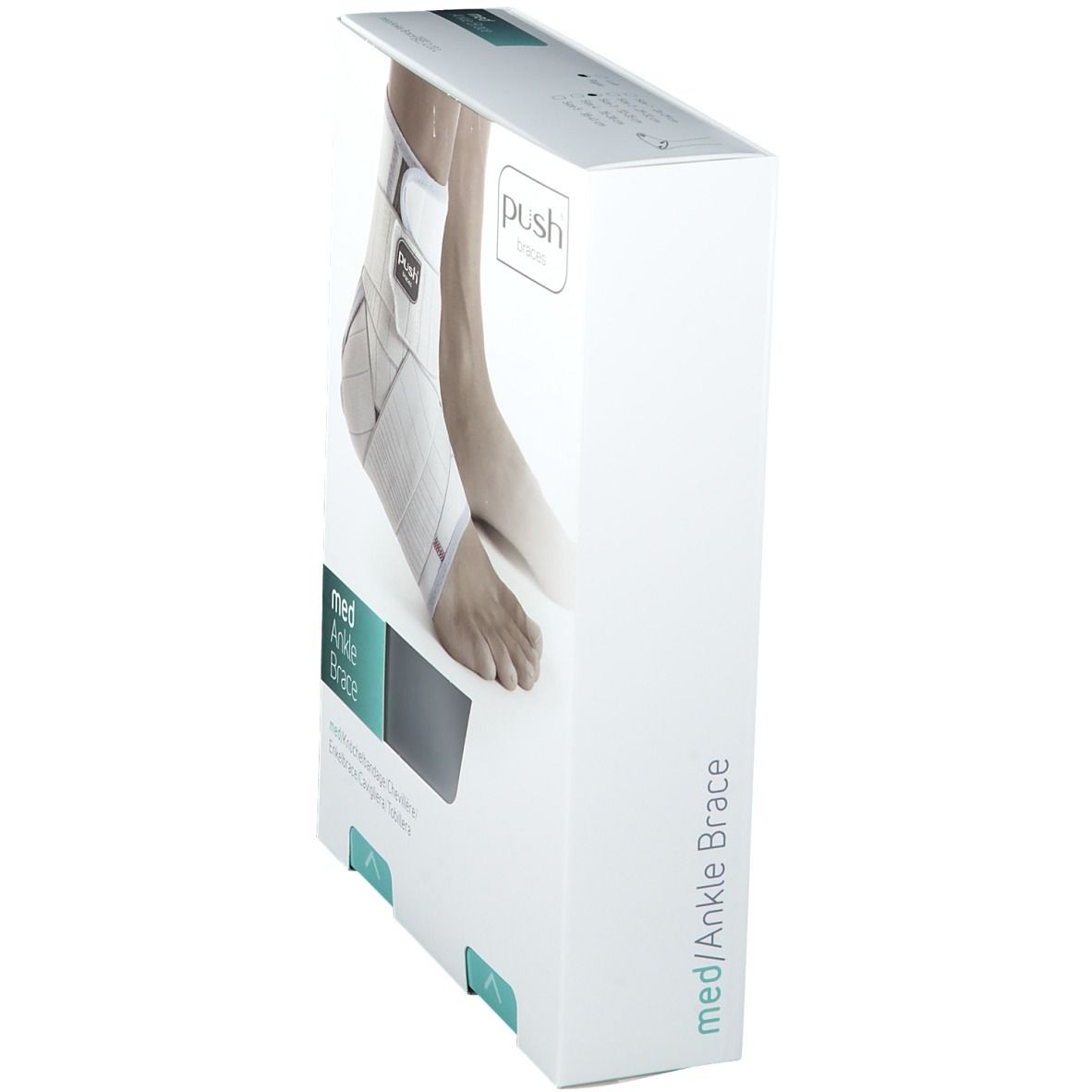 Emballage de l'attelle de cheville. Marque Push. Blanc, avec la désignation du produit "med Ankle Brace".